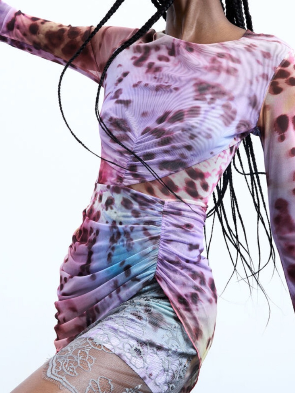 Desigual Pink Purple Tie-Dye Mesh & Lace Mini Dress
